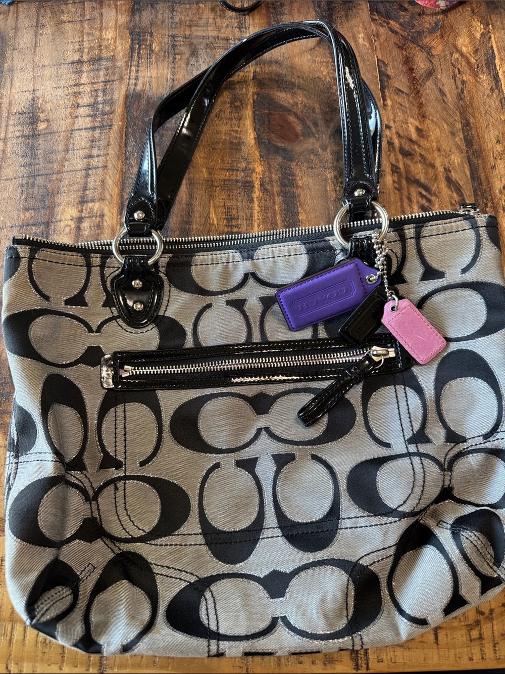 Coach Gray and Black Signature Tote with Pink & Purple Tags